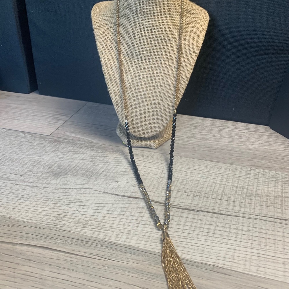 Gold Tone Long Tassel Necklace Black Bronze Beaded Chain 32 Inch Statement Boho